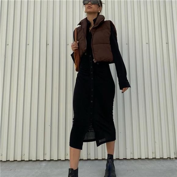 Women's Fashion High Neck Zipper Cropped Puffer Vest Jacket Coat - Picture 3 of 6